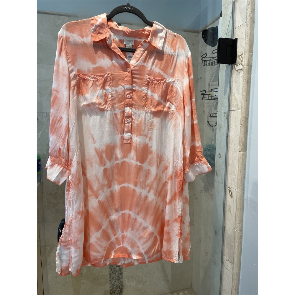 Chico's 2 Tunic Blouse Collared Shirt Tie Dye Coral Orange White 3/4 Sleeve